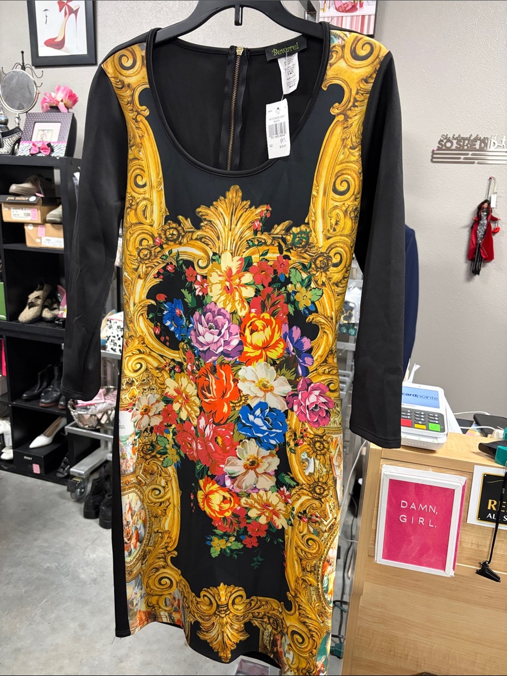 Bevergrove Black Floral Baroque Long-Sleeve Sheath Dress SN3HFH